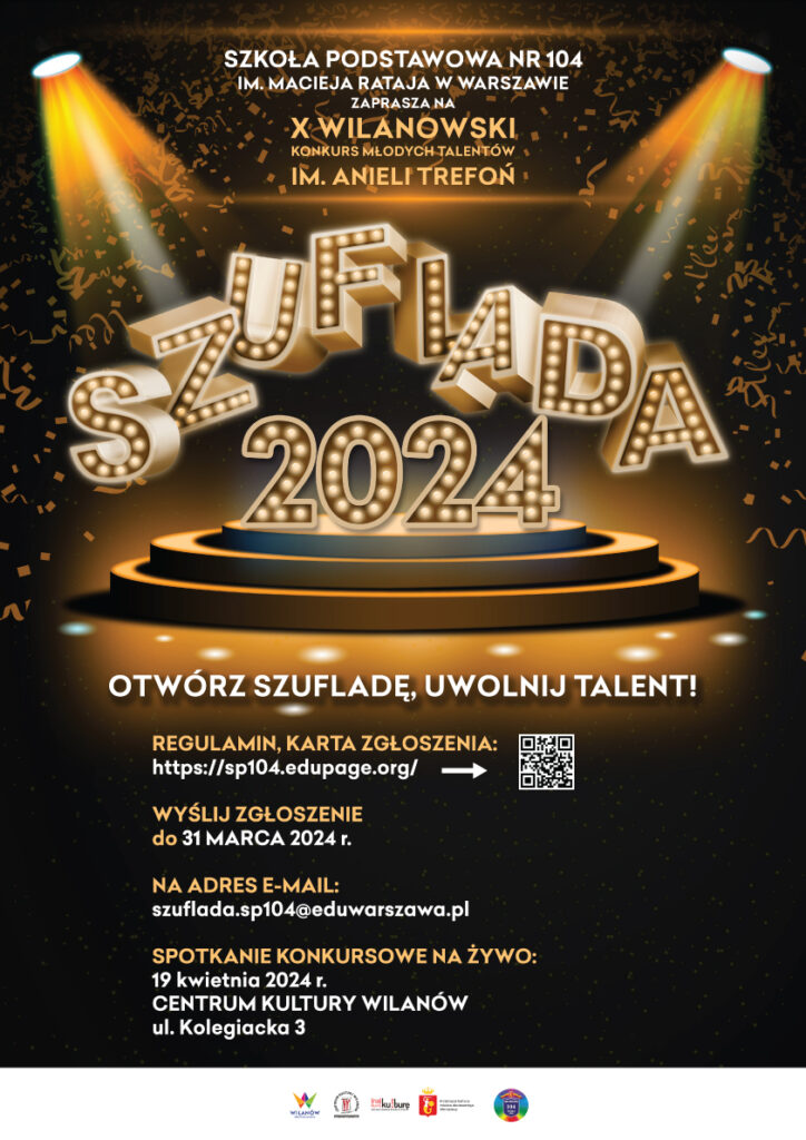 Plakat informujący o kokursie "SZUFLADA 2024", który odbędzie się 19 kwietnia w Centrum Kultury Wilanów przy ulicy Kolegiackiej 3. X Wilanowski Konkurs Młodych Talentów