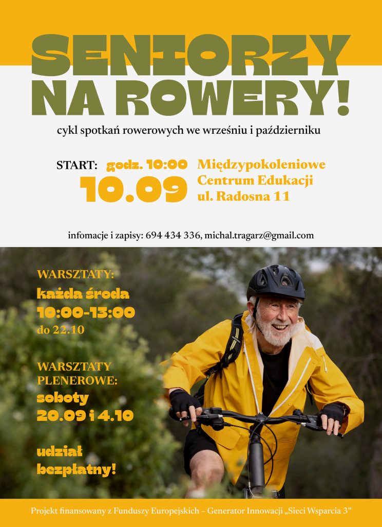 Plakat przedstawiający warsztaty pt. Seniorzy na Rowery!